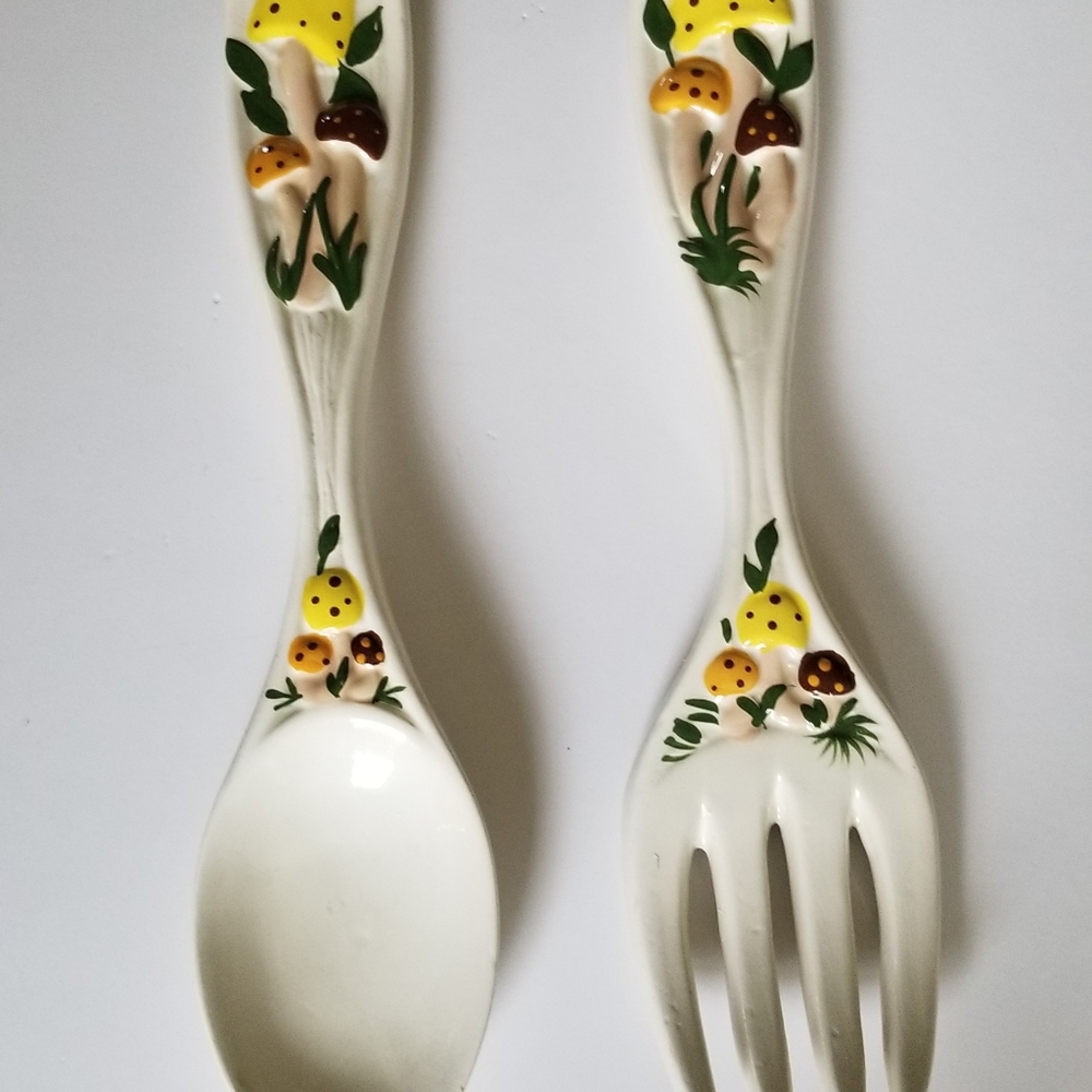 Vintage Mushroom ceramic spoon and folk wall hangers